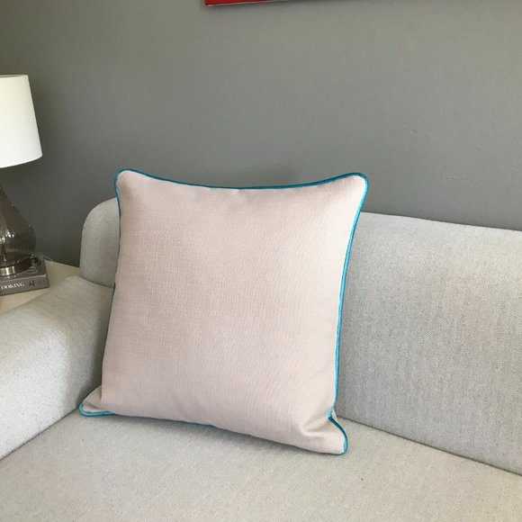 Square Off White Pillow Cover with Blue Piping 22" x 22" - Picture 2 of 2